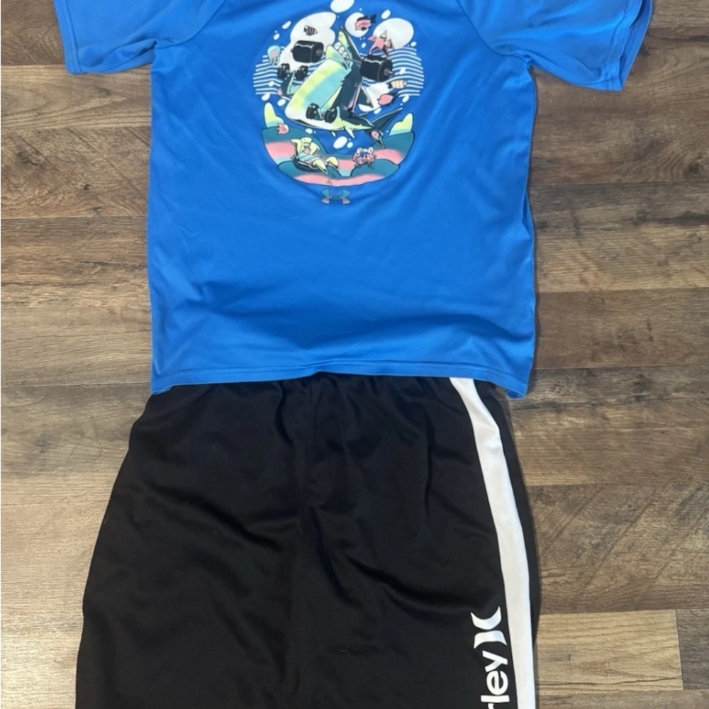 Boys Sz Large Hurley Athletic Shorts And Underarmour Shark Top